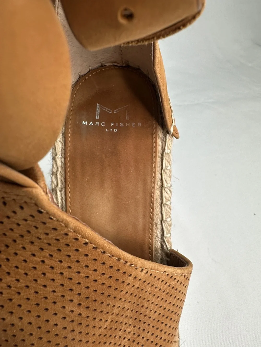 Marc Fisher Tan Perforated Leather Espadrille Wedge Sandals